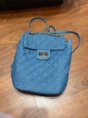 Quilted Denim Blue Backpack with Gold Chain Detail